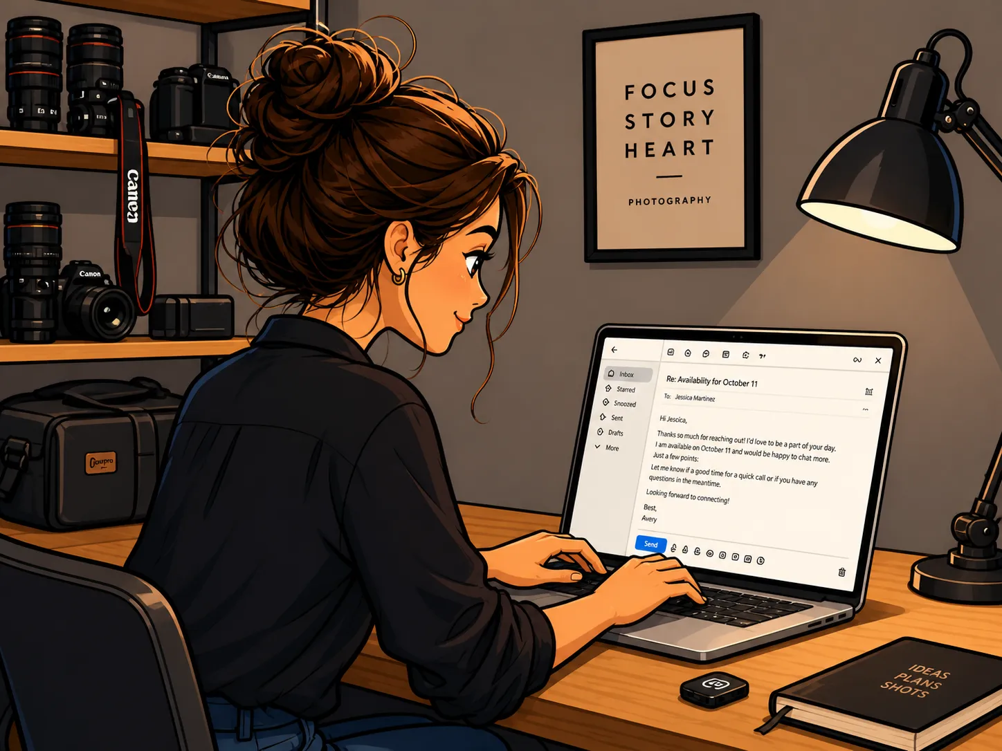 Wedding photographer reviewing AI-drafted inquiry response on her laptop