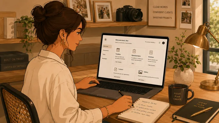 Wedding photographer reviewing a client portal dashboard on her laptop