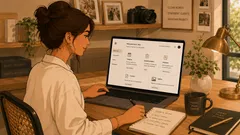 Wedding photographer reviewing a client portal dashboard on her laptop