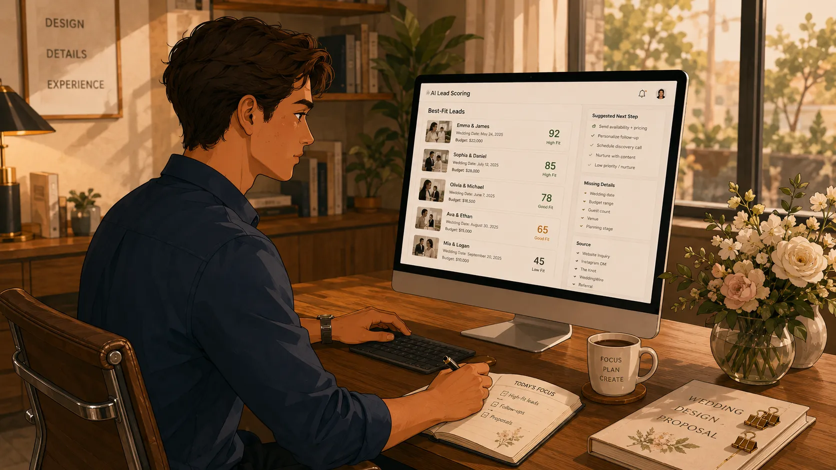 Wedding professional reviewing an AI lead scoring dashboard and proposal notes