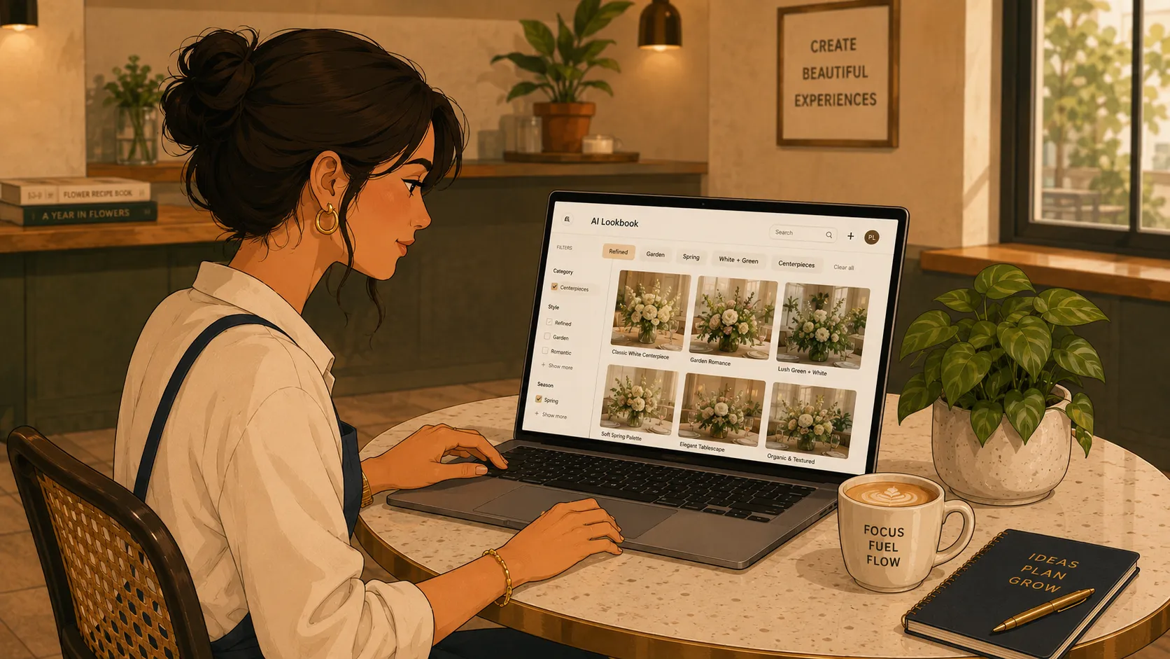 Florist reviewing a searchable AI lookbook of floral designs on her laptop