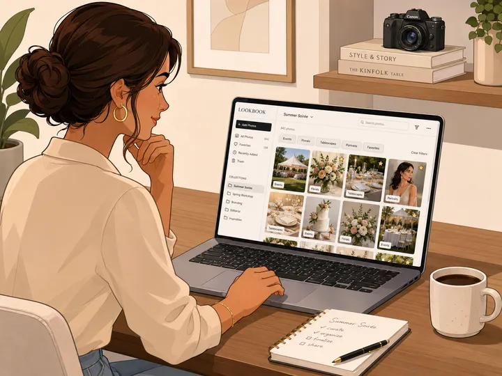 Wedding creative reviewing a searchable AI lookbook photo library on a laptop