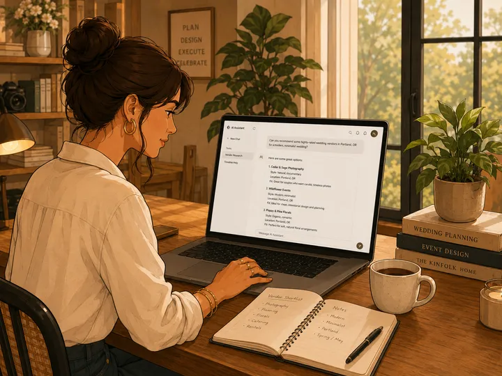 Wedding planner researching vendor recommendations from an AI planning tool
