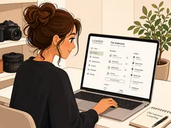 Wedding photographer reviewing her client portal on a laptop