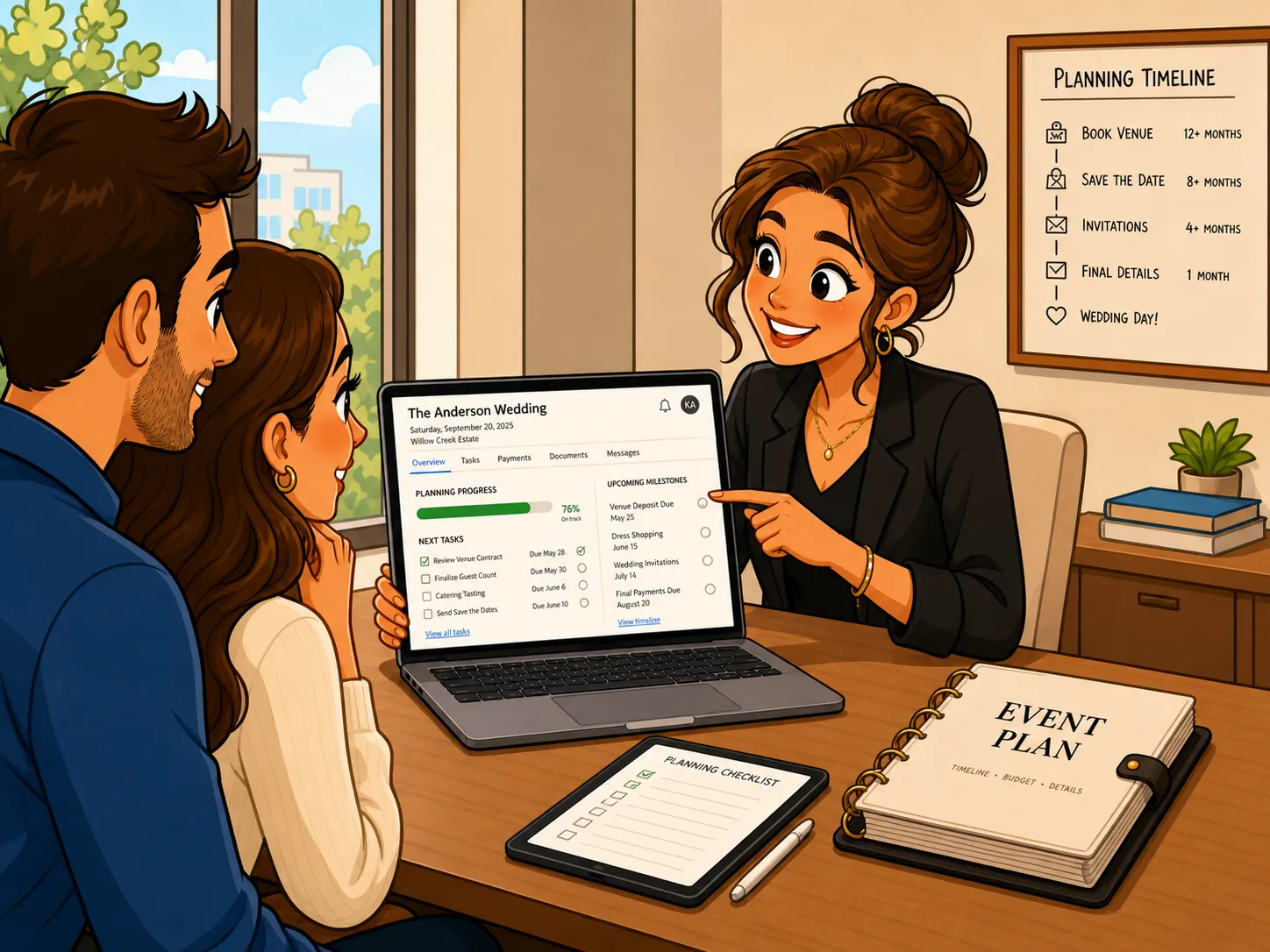 Wedding planner reviewing a client portal with a couple during a planning session