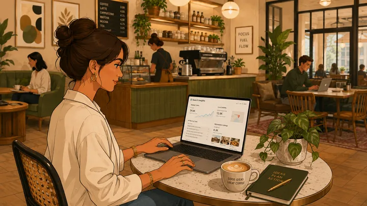 Wedding creative reviewing search insights and AI planning visibility on a laptop