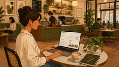 Wedding creative reviewing search insights and AI planning visibility on a laptop