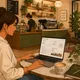 Wedding creative reviewing search insights and AI planning visibility on a laptop