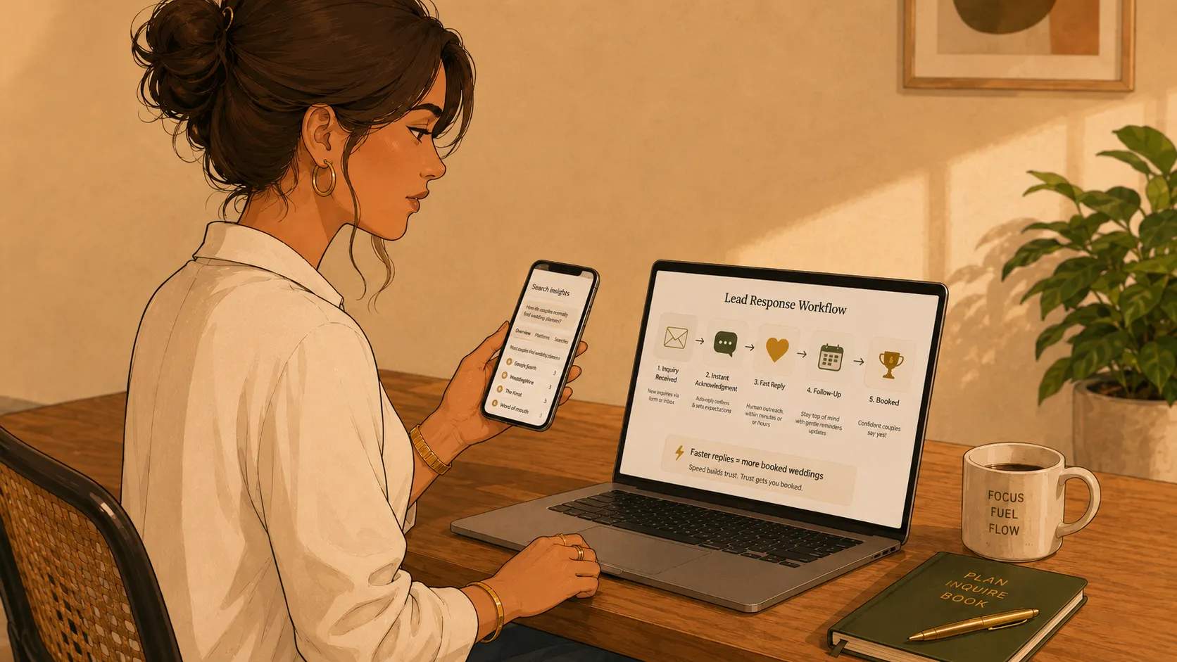 Wedding professional reviewing a lead response workflow on a laptop
