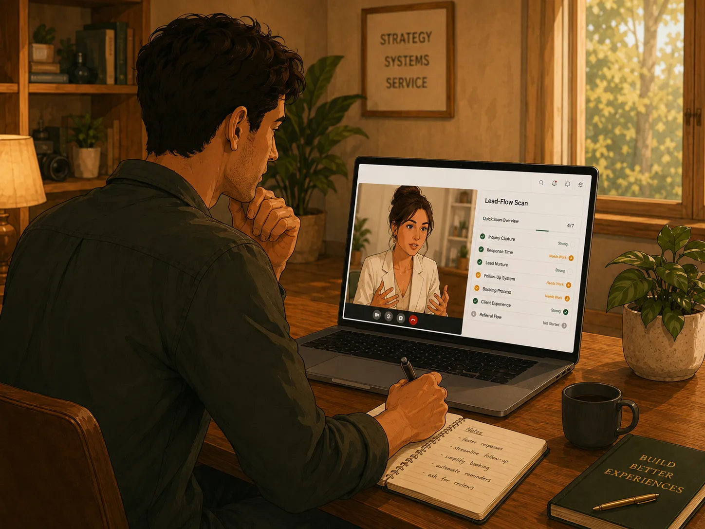 Wedding vendor reviewing lead-flow scan results during a video consultation