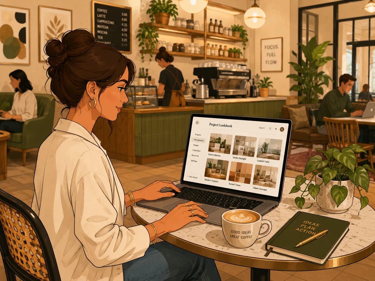 Wedding vendor working in a coffee shop with Project Lookbook open on her laptop, browsing a moodboard of design collections