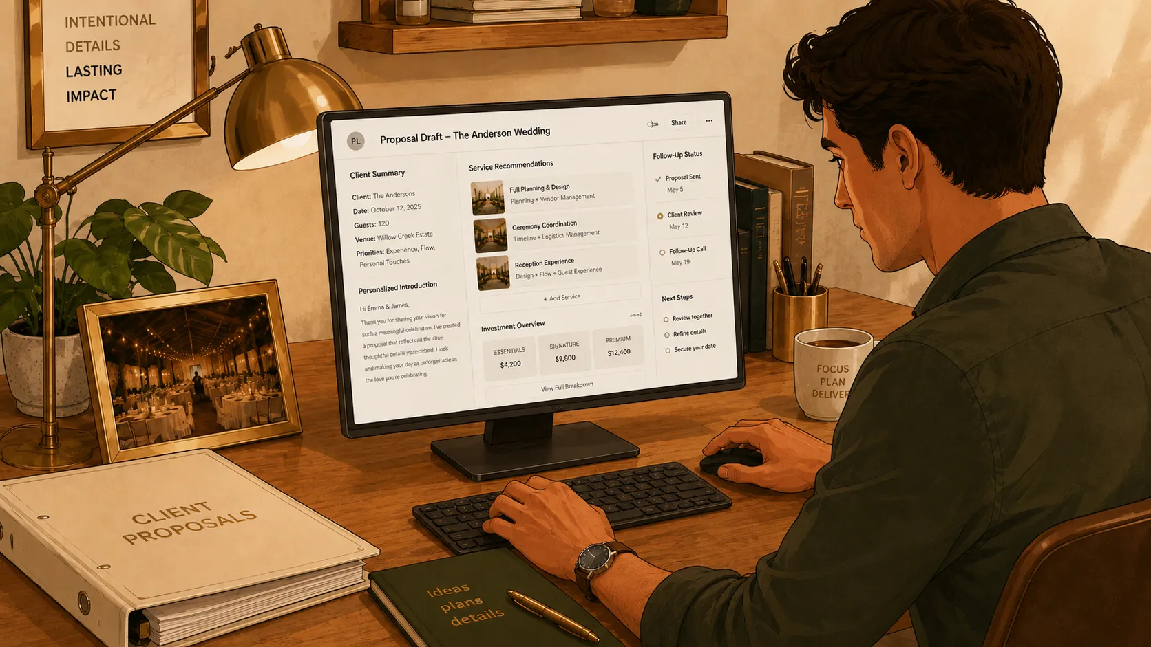 Wedding professional reviewing an AI proposal draft dashboard at a desk