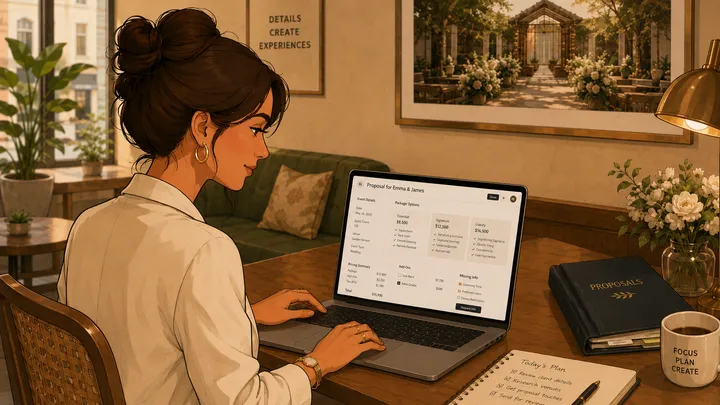 Wedding vendor reviewing AI-supported proposal package options on a laptop