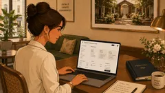 Wedding vendor reviewing AI-supported proposal package options on a laptop