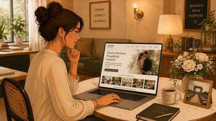 Wedding creative reviewing a portfolio website on a laptop