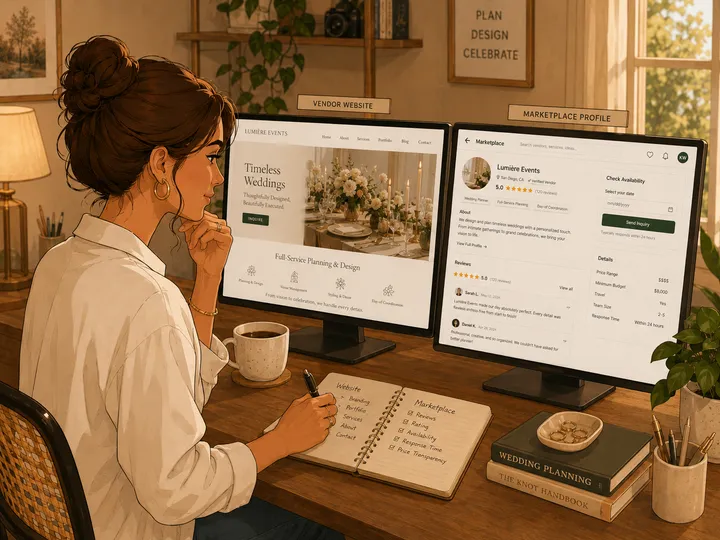 Wedding vendor reviewing their website and marketplace profile side by side